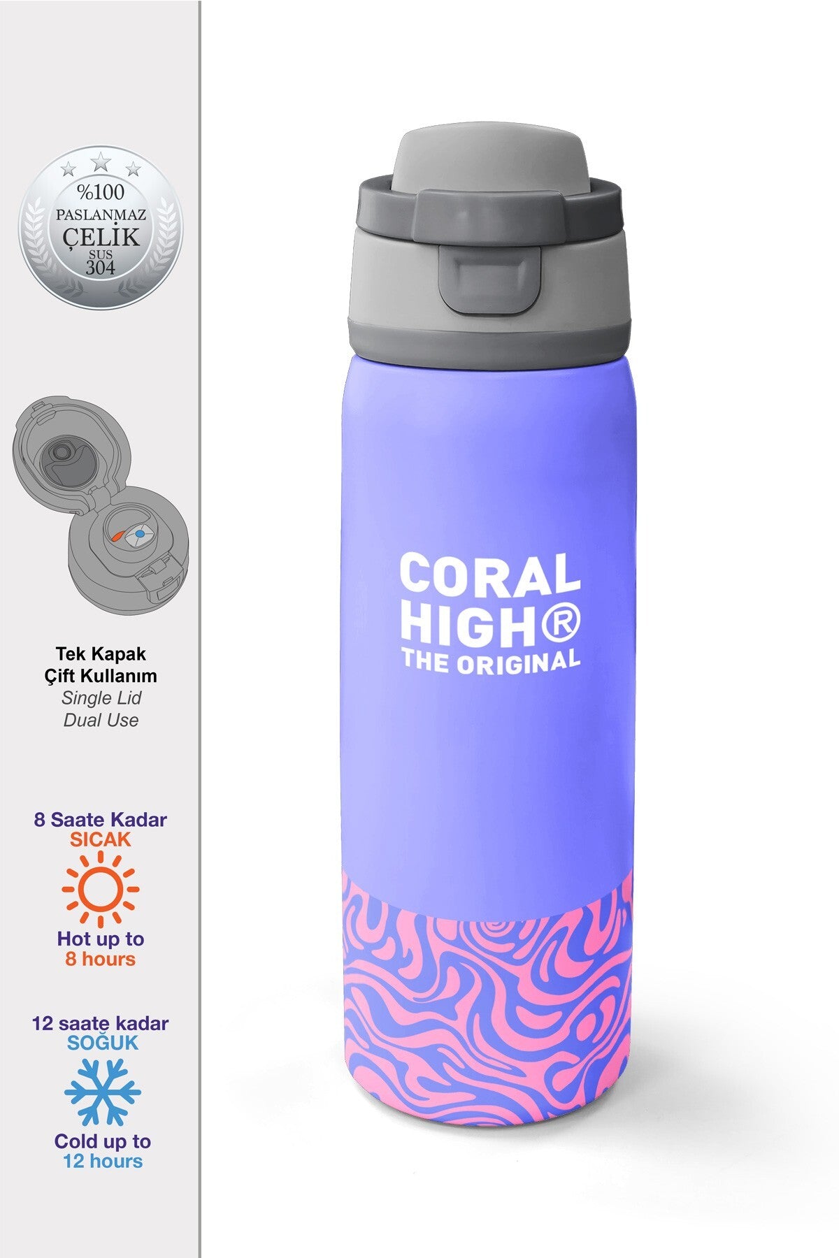 Coral High Milka Geometrik Desenli Pipetli ve Direkt İçim Çelik Termos 800 ml 38505-1