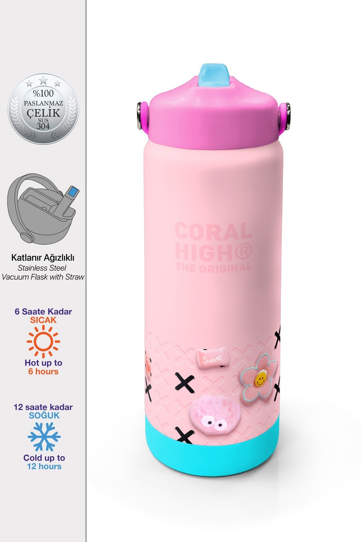 Coral High Pembe Şeker Desenli Katlanır Ağızlıklı Çelik Termos 650 ml 38349-1