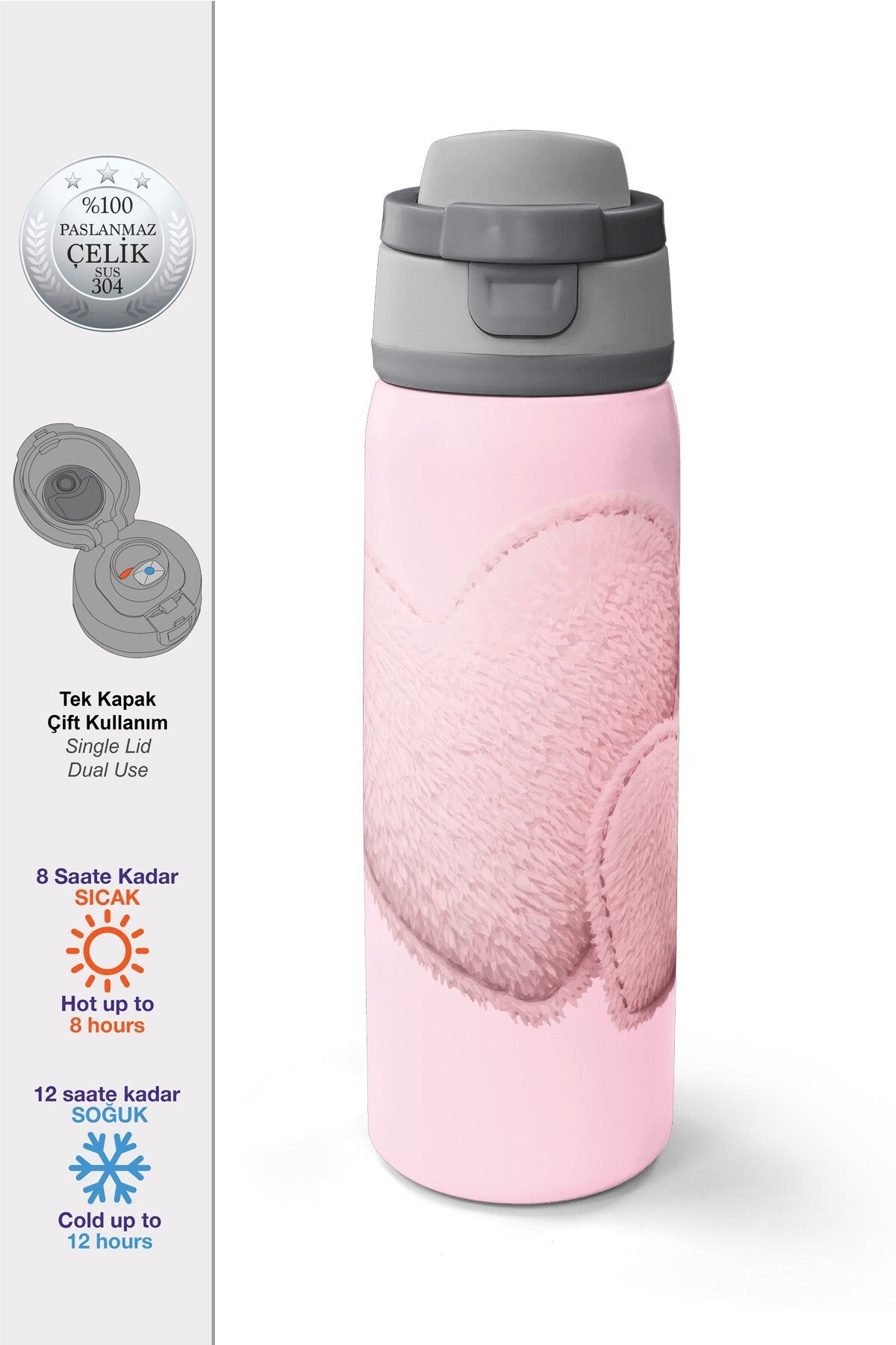 Coral High Pudra Kalp Desenli Pipetli ve Direkt İçim Çelik Termos 800 ml 38592-1