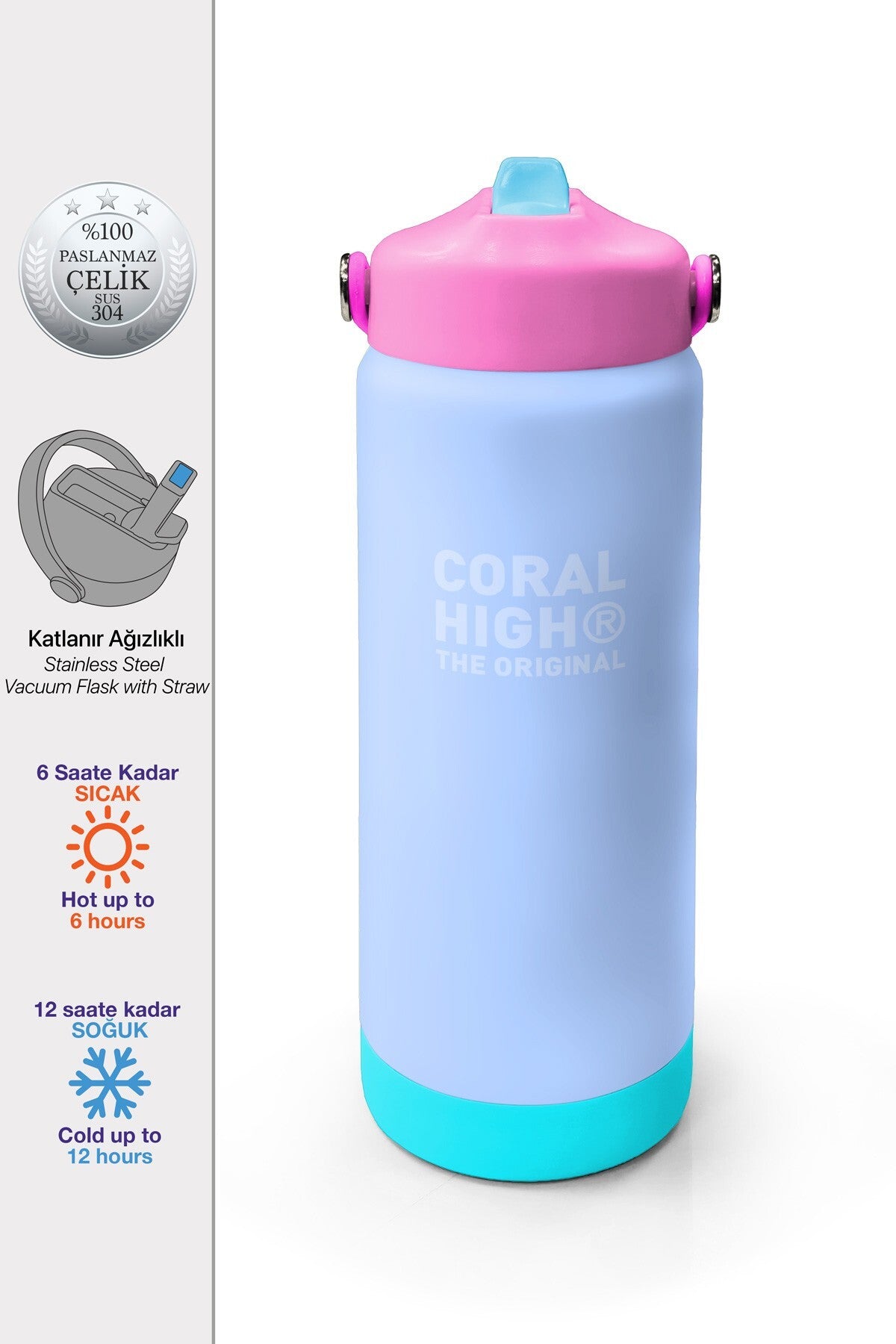 Coral High Renkli Buz Mavisi Desenli Katlanır Ağızlıklı Çelik Termos 650 ml 38359-1