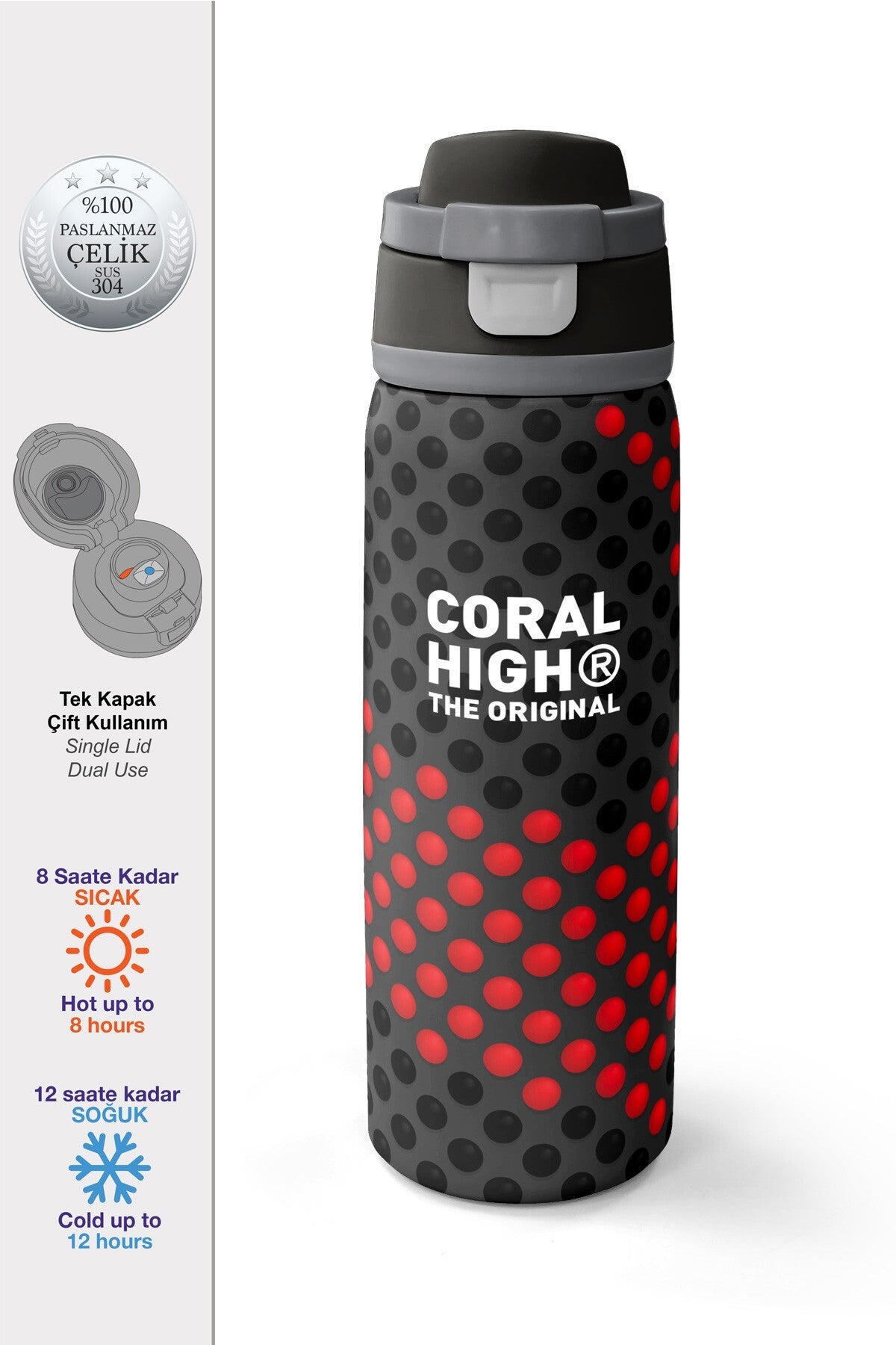 Coral High Siyah Kırmızı Desenli Pipetli ve Direkt İçim Çelik Termos 800 ml 38511-1
