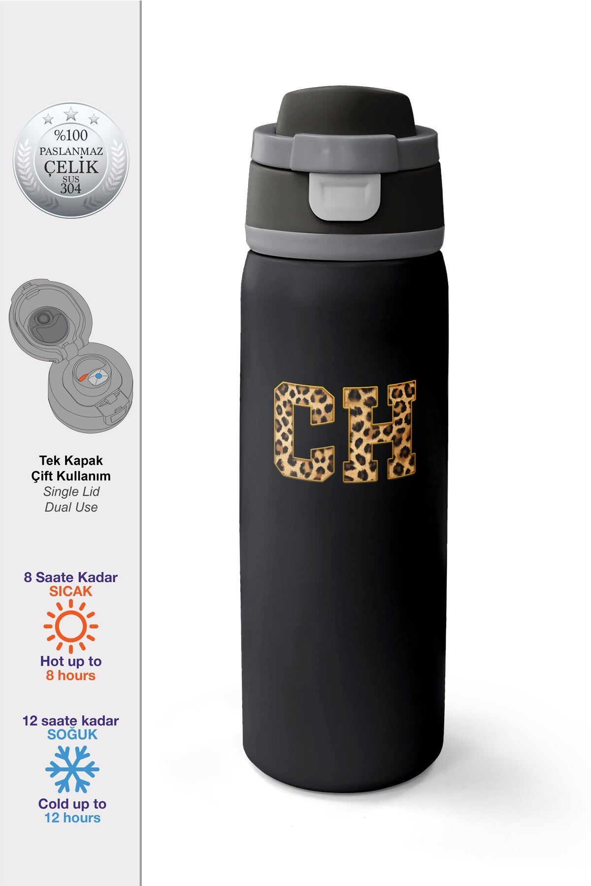 Coral High Siyah Leopar CH Harf Desenli Pipetli ve Direkt İçim Çelik Termos 800 ml 38506-1