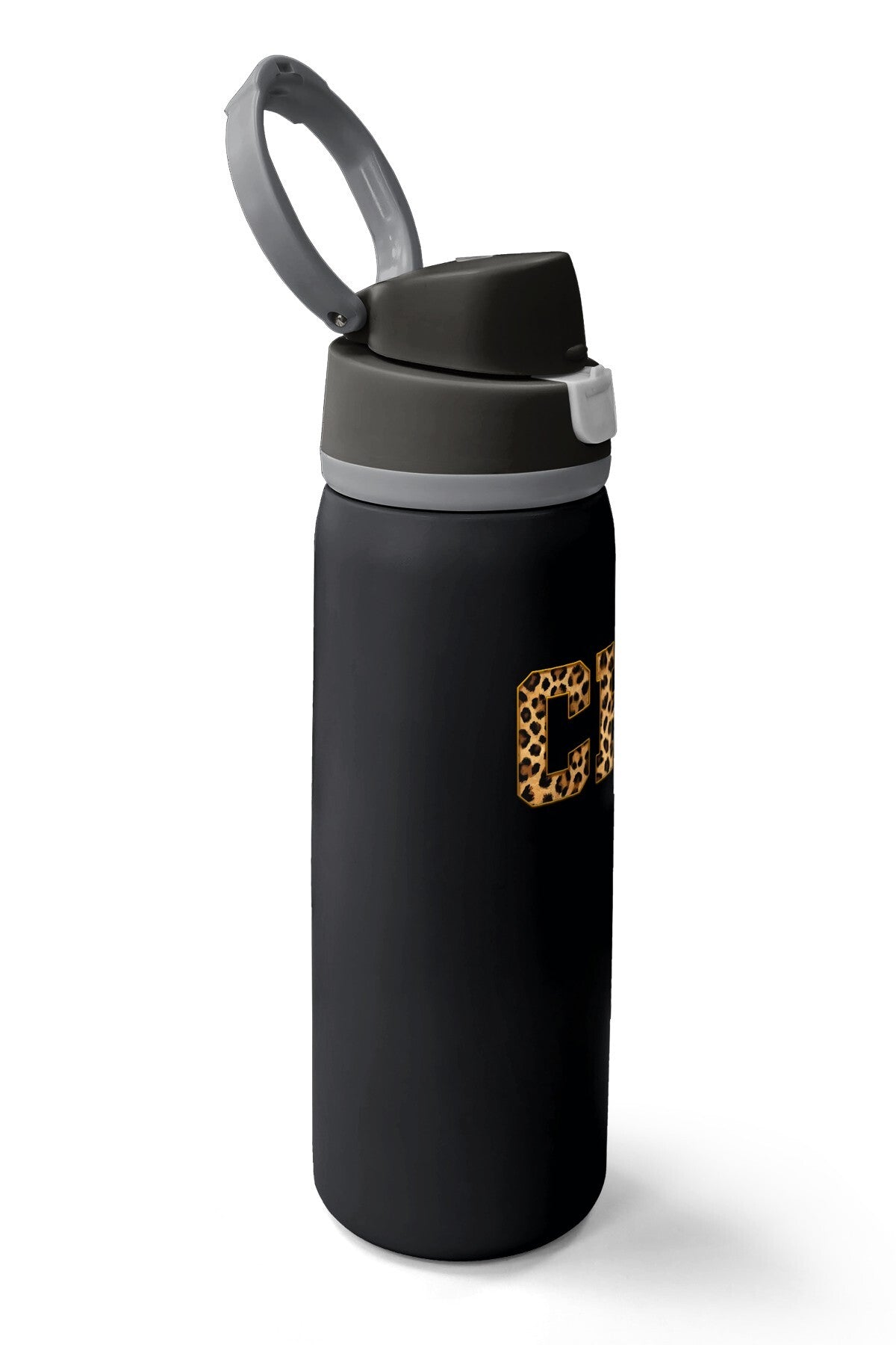 Coral High Siyah Leopar CH Harf Desenli Pipetli ve Direkt İçim Çelik Termos 800 ml 38506-2