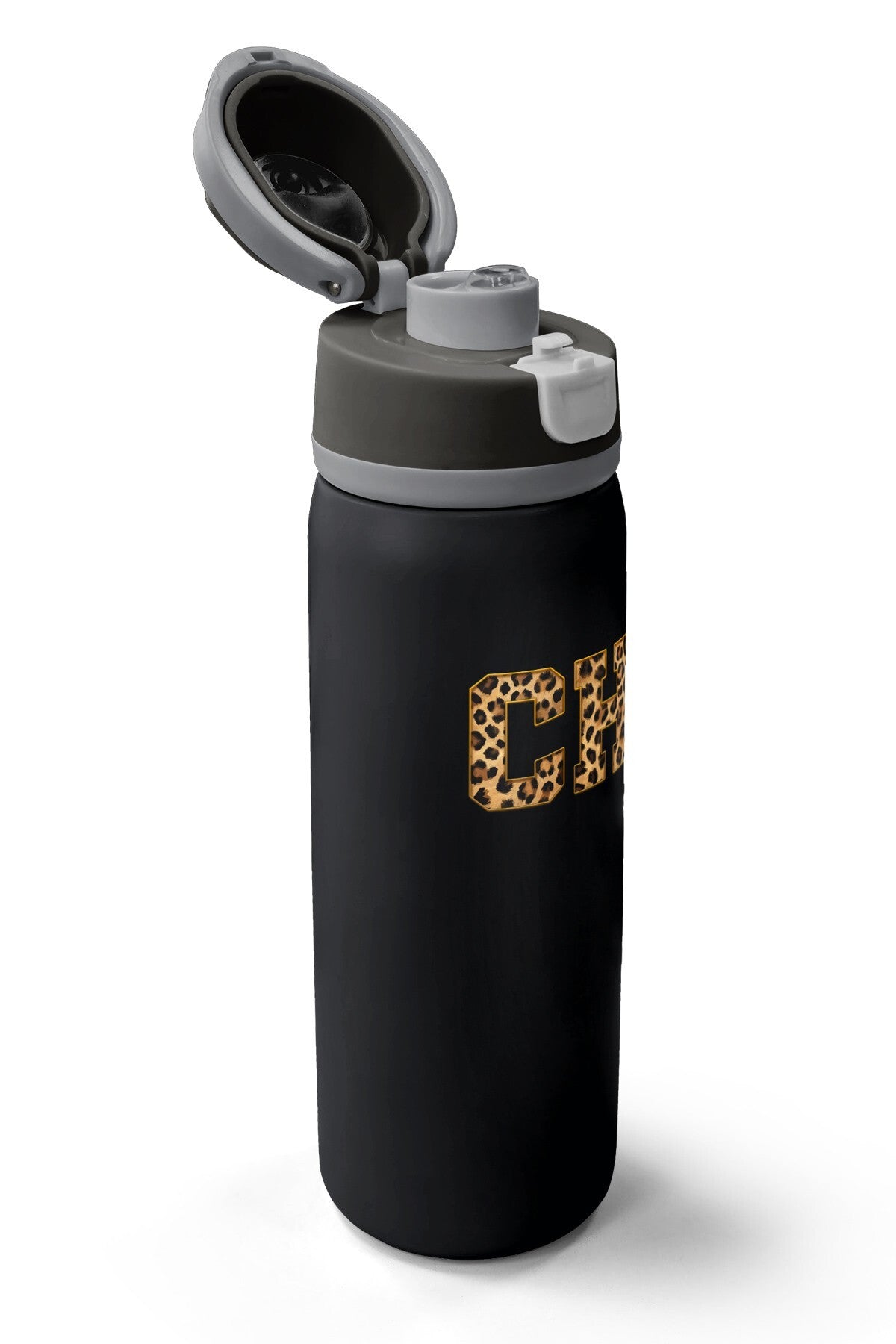 Coral High Siyah Leopar CH Harf Desenli Pipetli ve Direkt İçim Çelik Termos 800 ml 38506-3