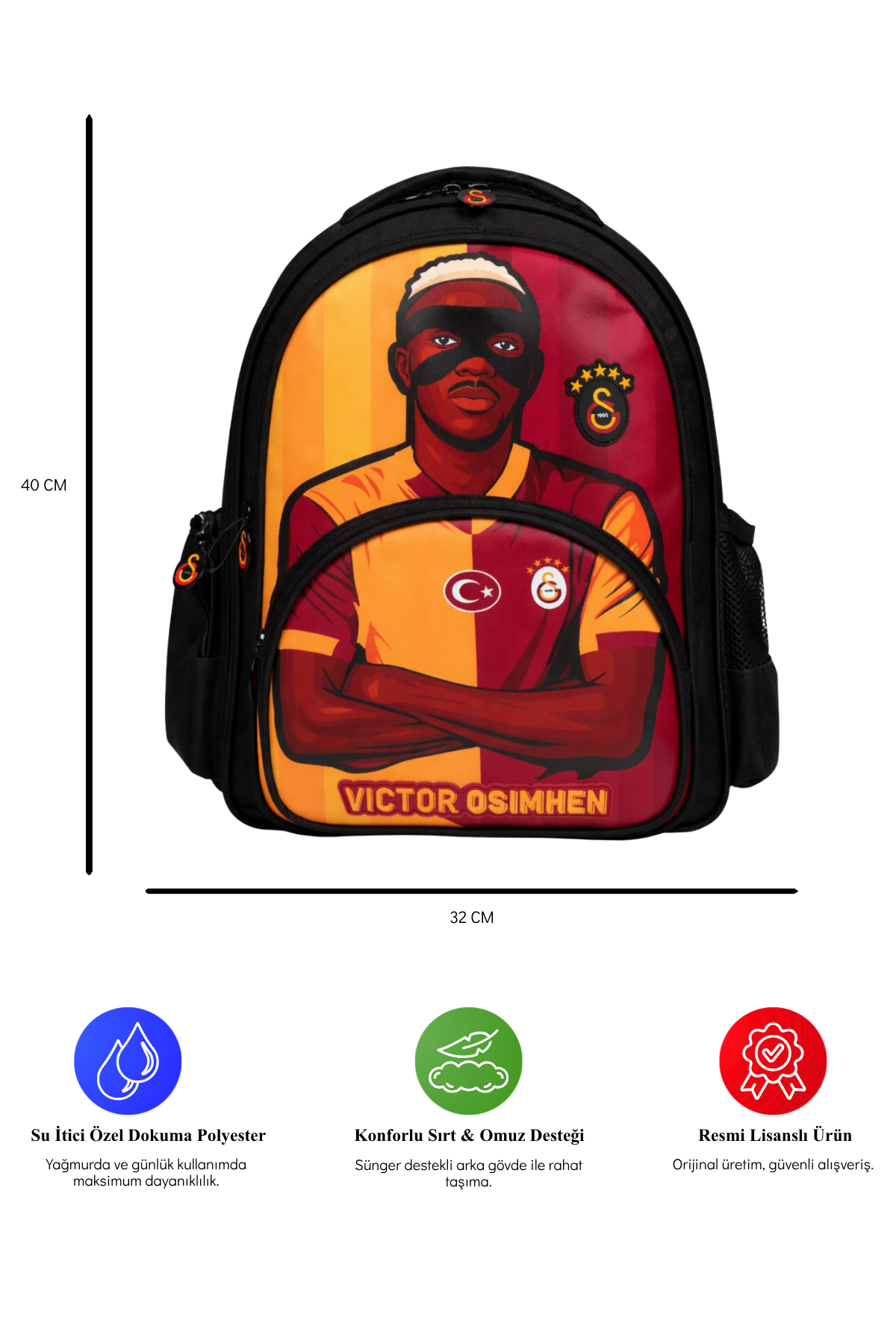 Galatasaray Victor Osimhen Figürlü 3 Bölmeli Okul Çantası - Su İtici Kumaşlı Sırt Çantası