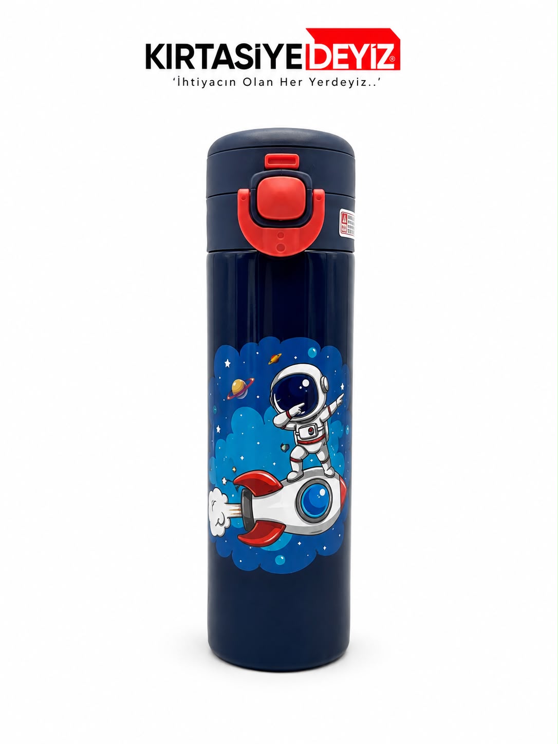 Kaukko Kids 520 ml Astronot Baskılı Lacivert Erkek Çocuk Çelik Termos Matara (Çift İçim Kilitli Kapak) - L5367-2