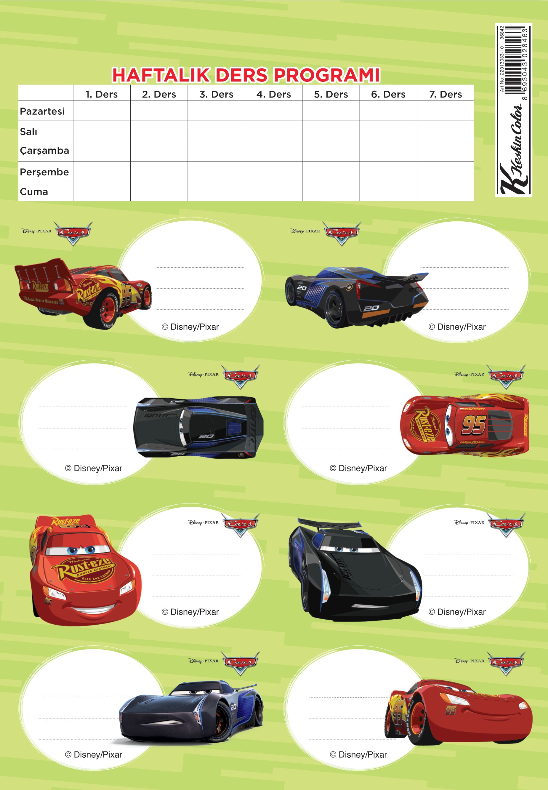 Keskin Color Okul Etiketi Ders Programlı Cars 3 LÜ 220130-33-3