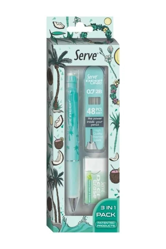 Serve Deep Doğa Desenli Ağaç Figürlü Su Yeşili Uçlu Kalem + Uç + Silgi 0.7 mm 3 Lü Set