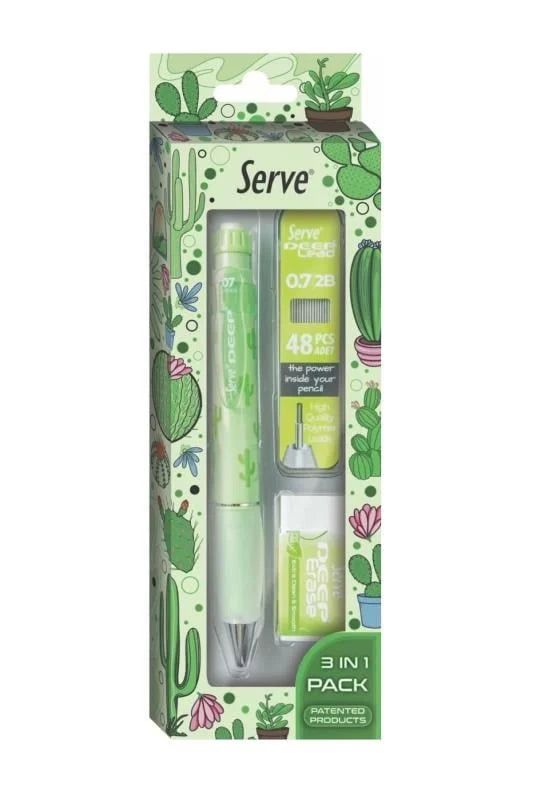 Serve Deep Doğa Desenli Kaktüs Figürlü Yeşil Uçlu Kalem + Uç + Silgi 0.7 mm 3 Lü Set