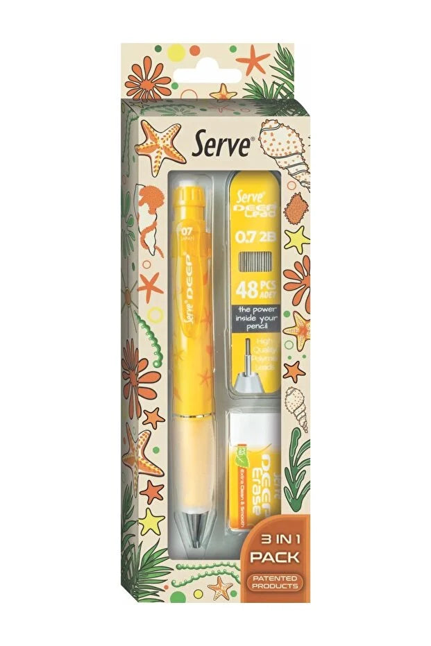 Serve Deep Doğa Desenli Okyanus Figürlü Turuncu Uçlu Kalem + Uç + Silgi 0.7 mm 3 Lü Set-1