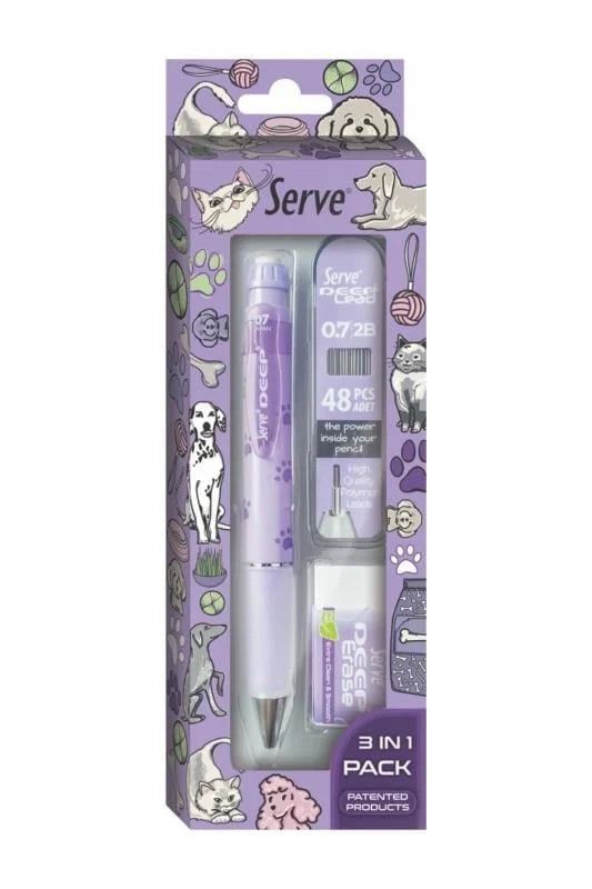 Serve Deep Doğa Desenli Pati Figürlü Mor Uçlu Kalem + Uç + Silgi 0.7 mm 3 Lü Set-1