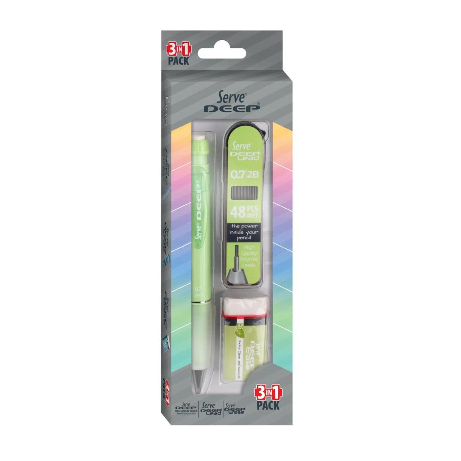 Serve Deep Elma Yeşili Okul Seti Uçlu Kalem + Uç + Silgi 0.7 mm 3 Lü Set