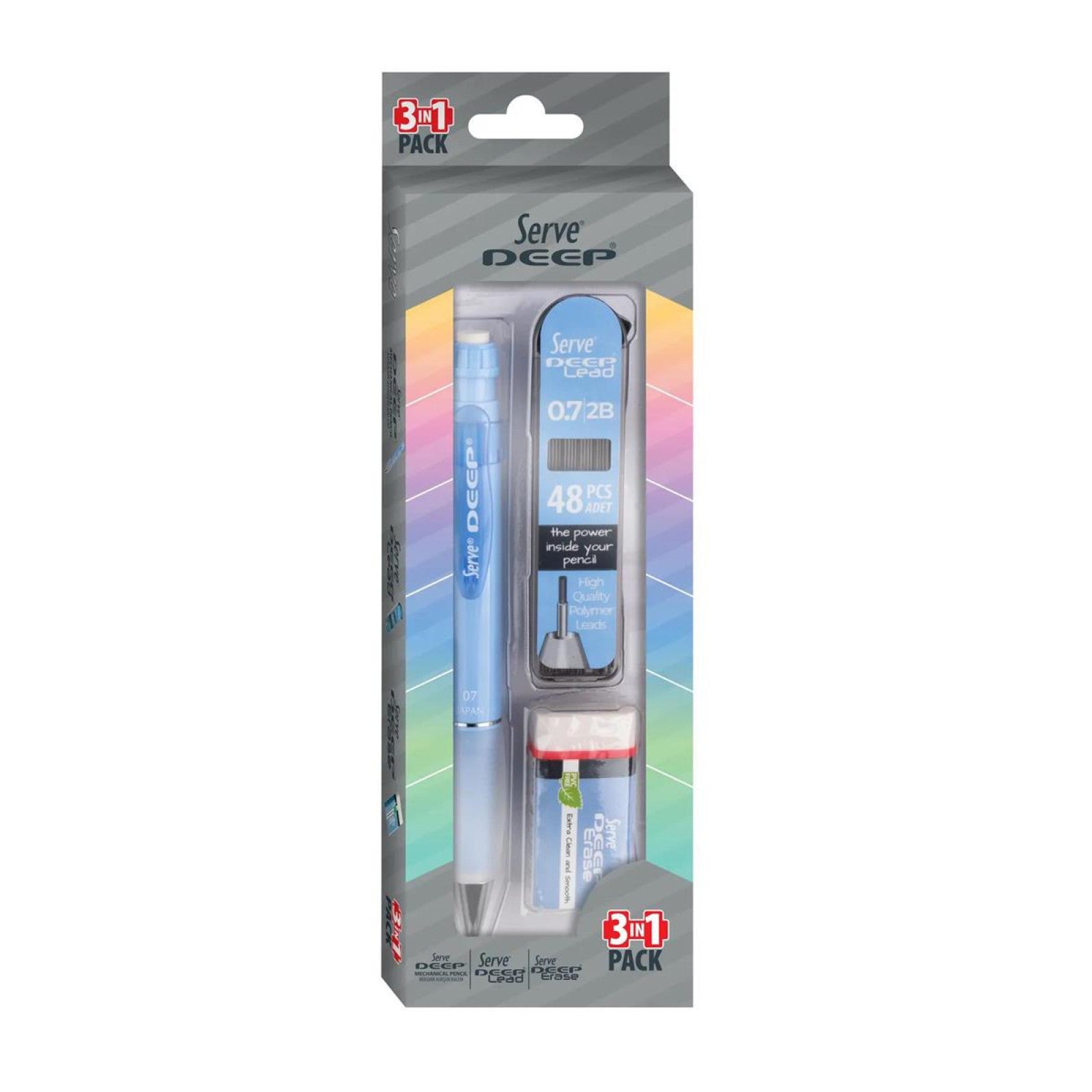Serve Deep Mavi Okul Seti Uçlu Kalem + Uç + Silgi 0.7 mm 3 Lü Set