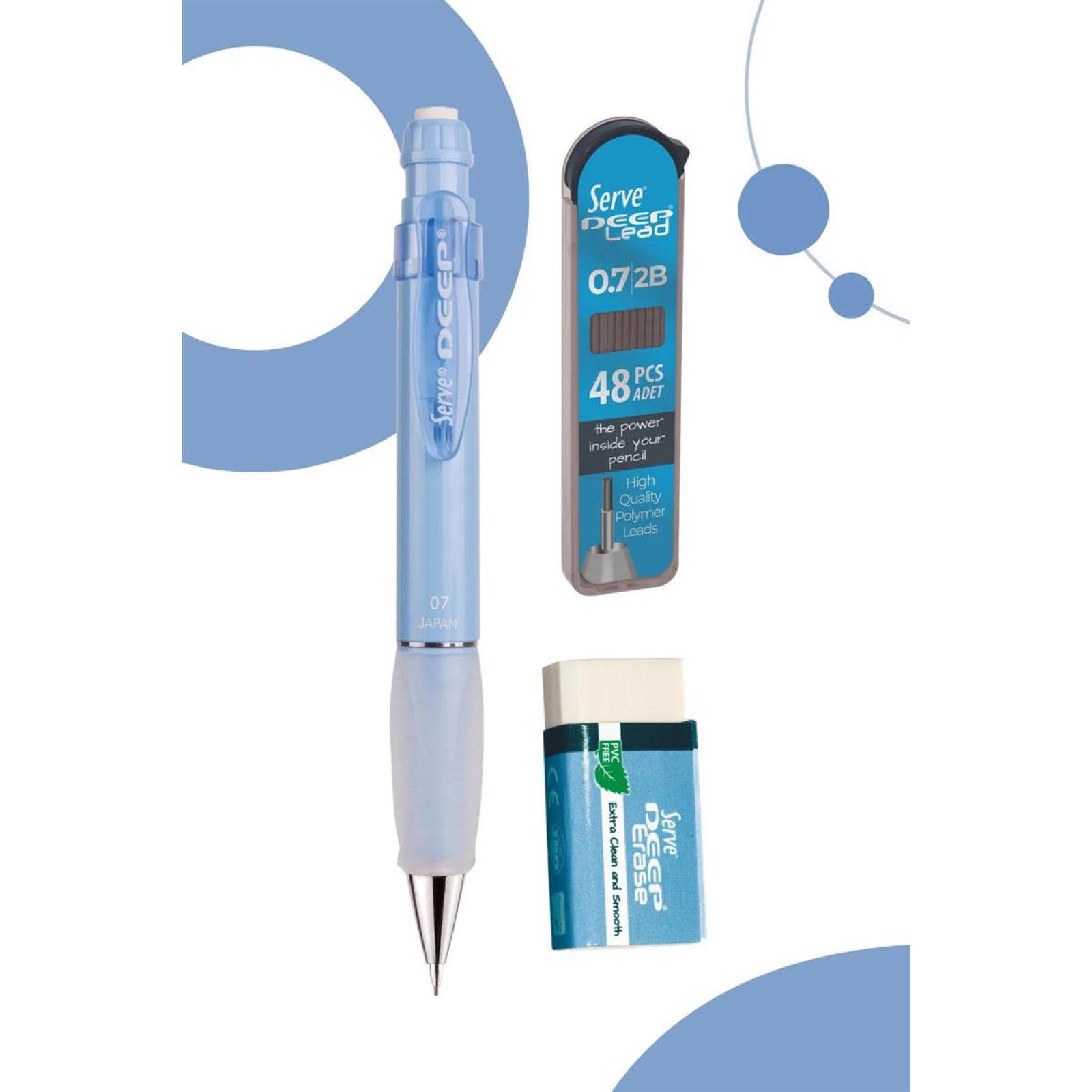 Serve Deep Mavi Okul Seti Uçlu Kalem + Uç + Silgi 0.7 mm 3 Lü Set-2