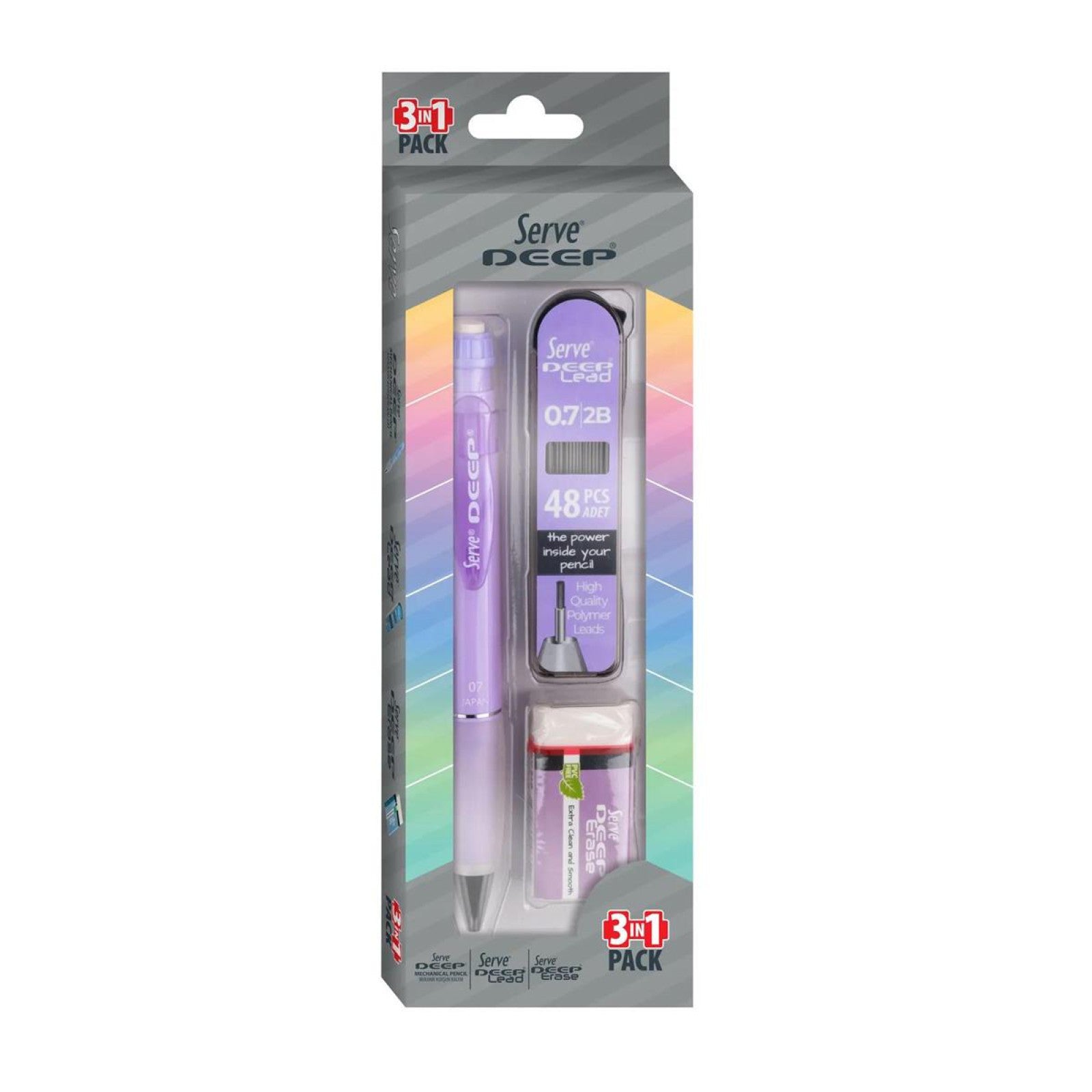 Serve Deep Mor Okul Seti Uçlu Kalem + Uç + Silgi 0.7 mm 3 Lü Set-1