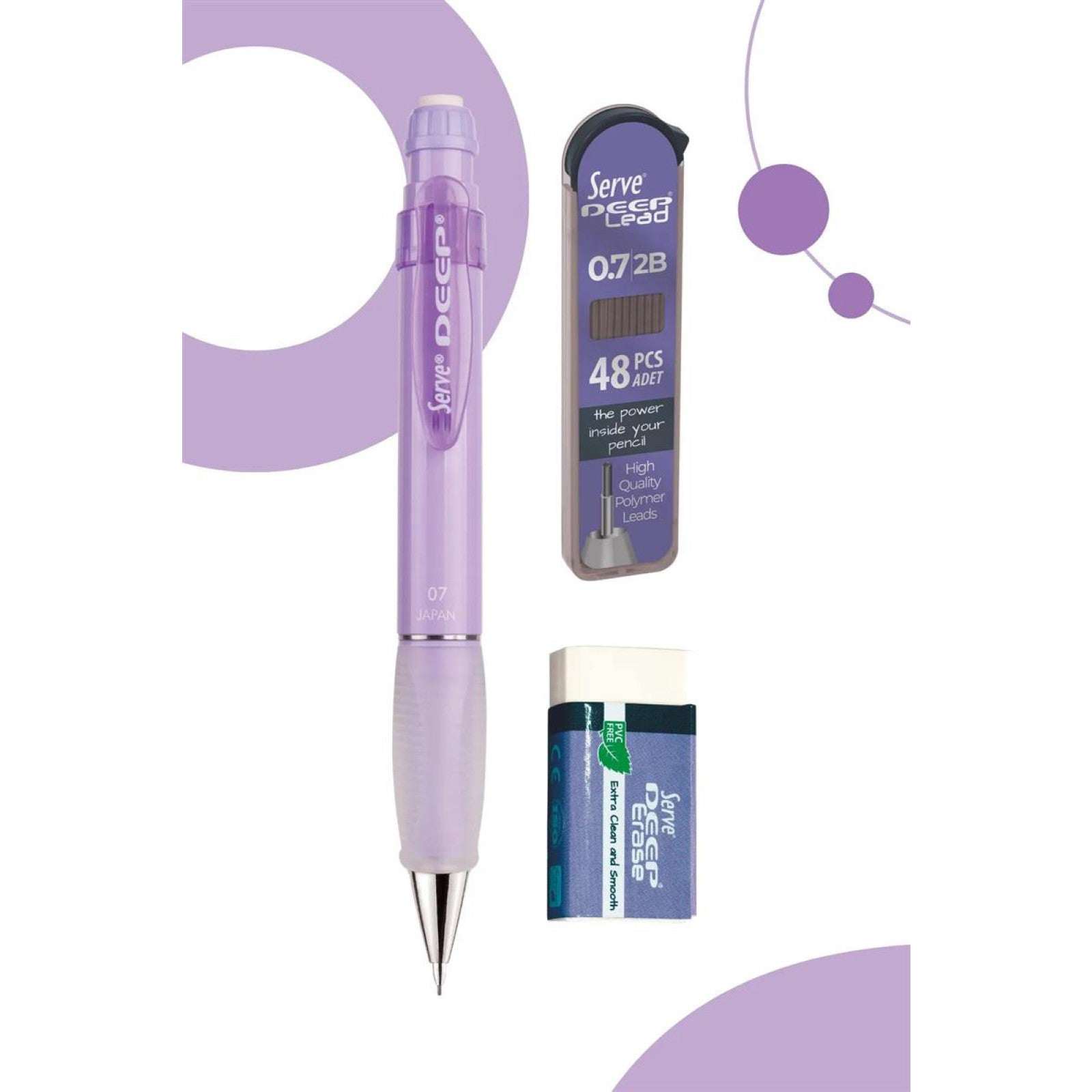 Serve Deep Mor Okul Seti Uçlu Kalem + Uç + Silgi 0.7 mm 3 Lü Set-2