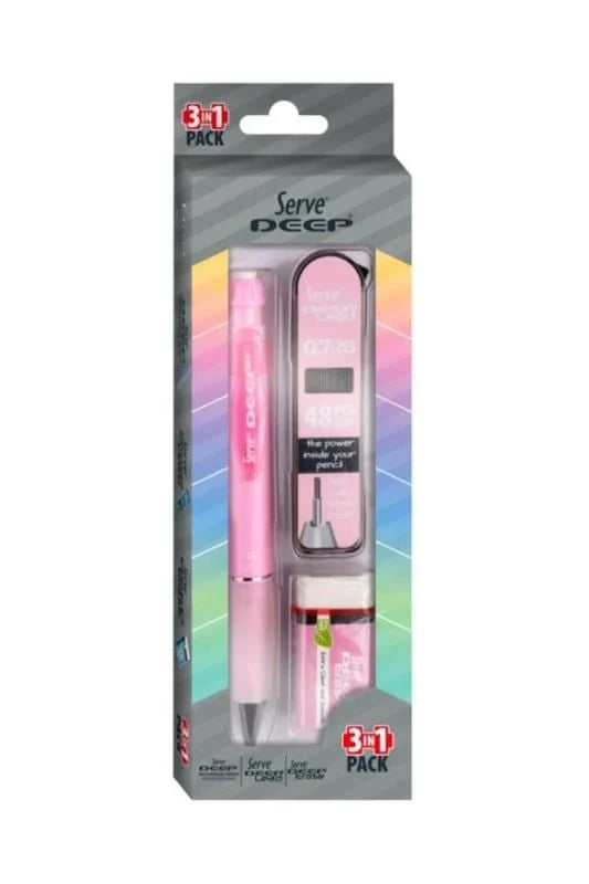 Serve Deep Pembe Okul Seti Uçlu Kalem + Uç + Silgi 0.7 mm 3 Lü Set-1