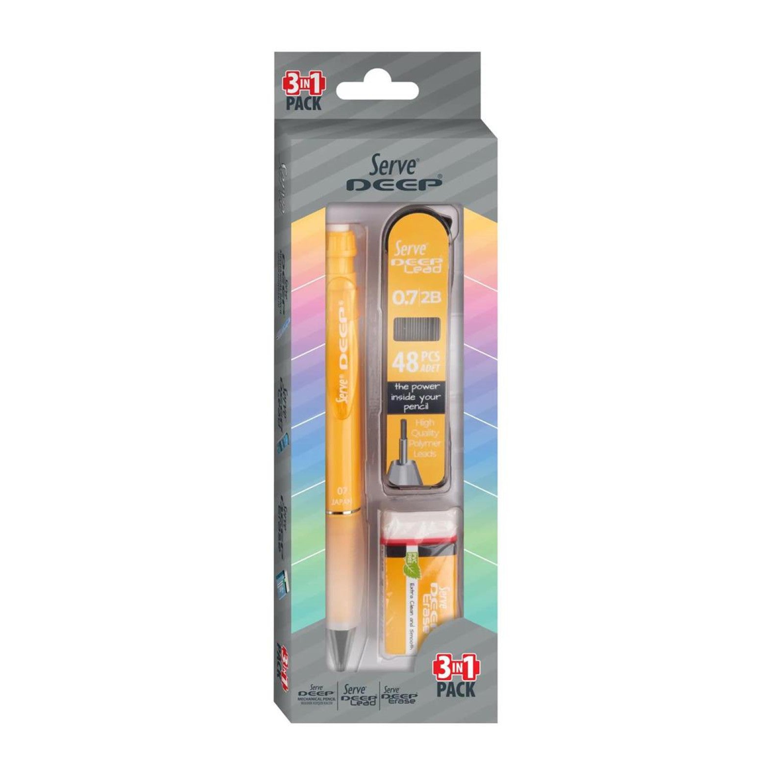 Serve Deep Sarı Okul Seti Uçlu Kalem + Uç + Silgi 0.7 mm 3 Lü Set
