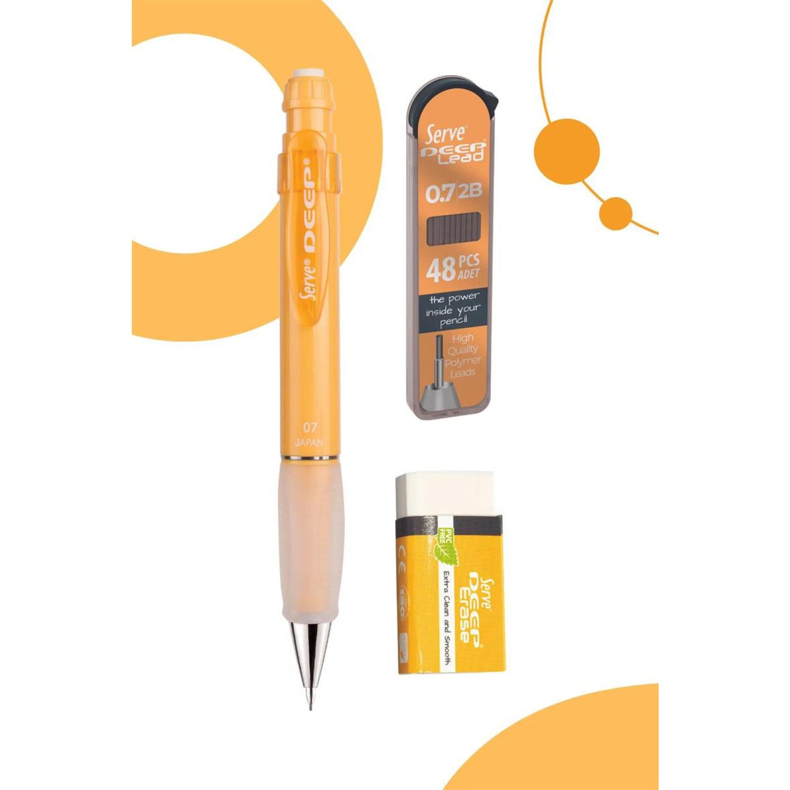 Serve Deep Sarı Okul Seti Uçlu Kalem + Uç + Silgi 0.7 mm 3 Lü Set-2
