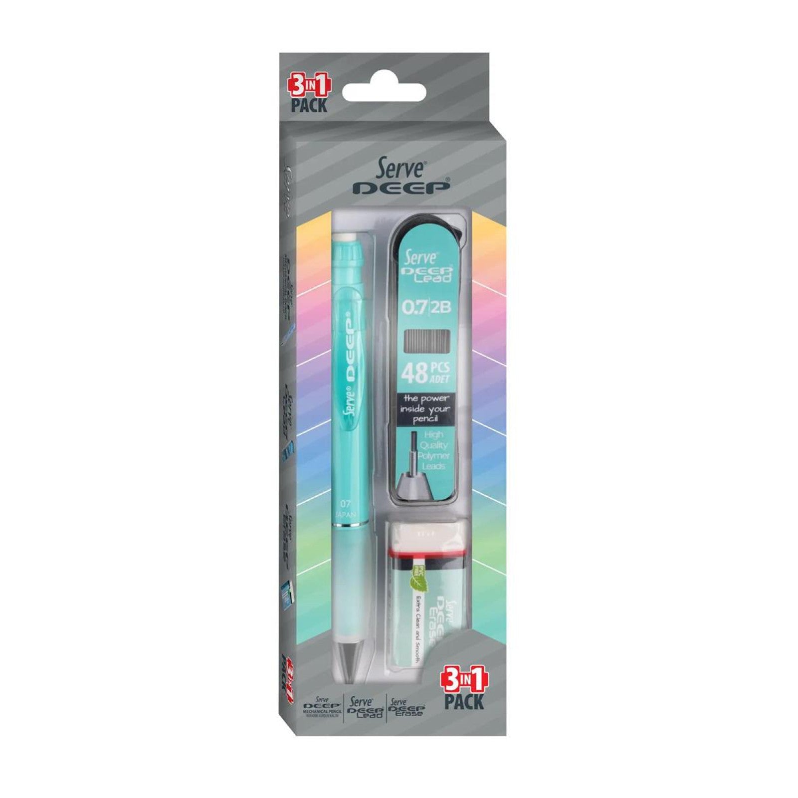 Serve Deep Su Yeşili Okul Seti Uçlu Kalem + Uç + Silgi 0.7 mm 3 Lü Set-1