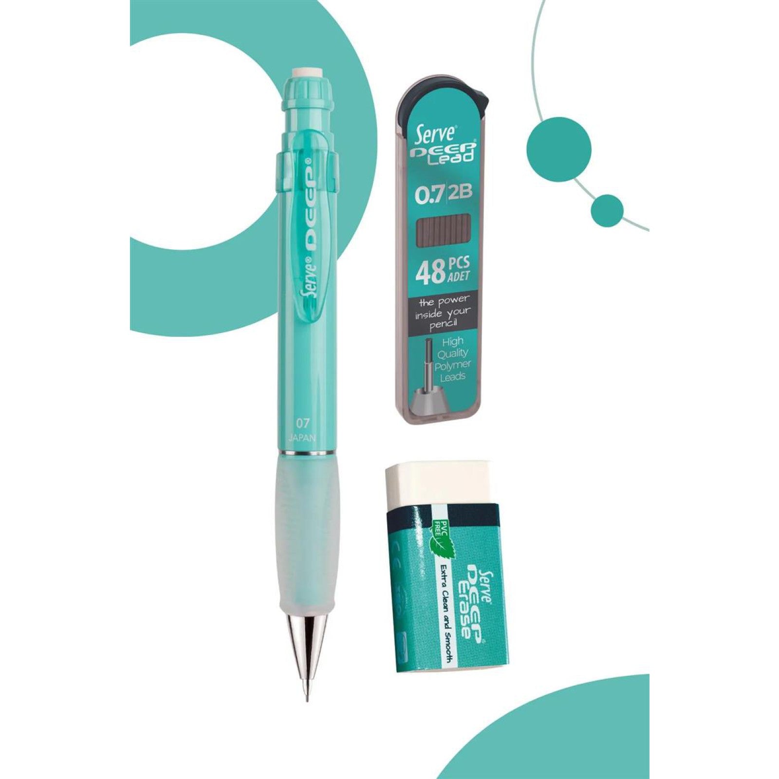 Serve Deep Su Yeşili Okul Seti Uçlu Kalem + Uç + Silgi 0.7 mm 3 Lü Set-2