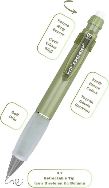 Serve Deep Yeşil Uçlu Kalem + Uç + Silgi 0.7 mm 3 Lü Set-4