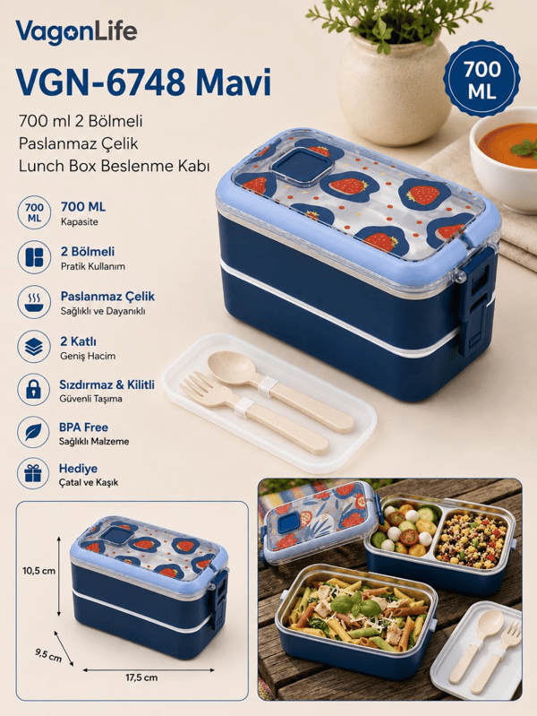 Vagon Life Beslenme Kutusu Paslanmaz Çelik Mavi Lunchbox 700 Ml Vgn-6748-2